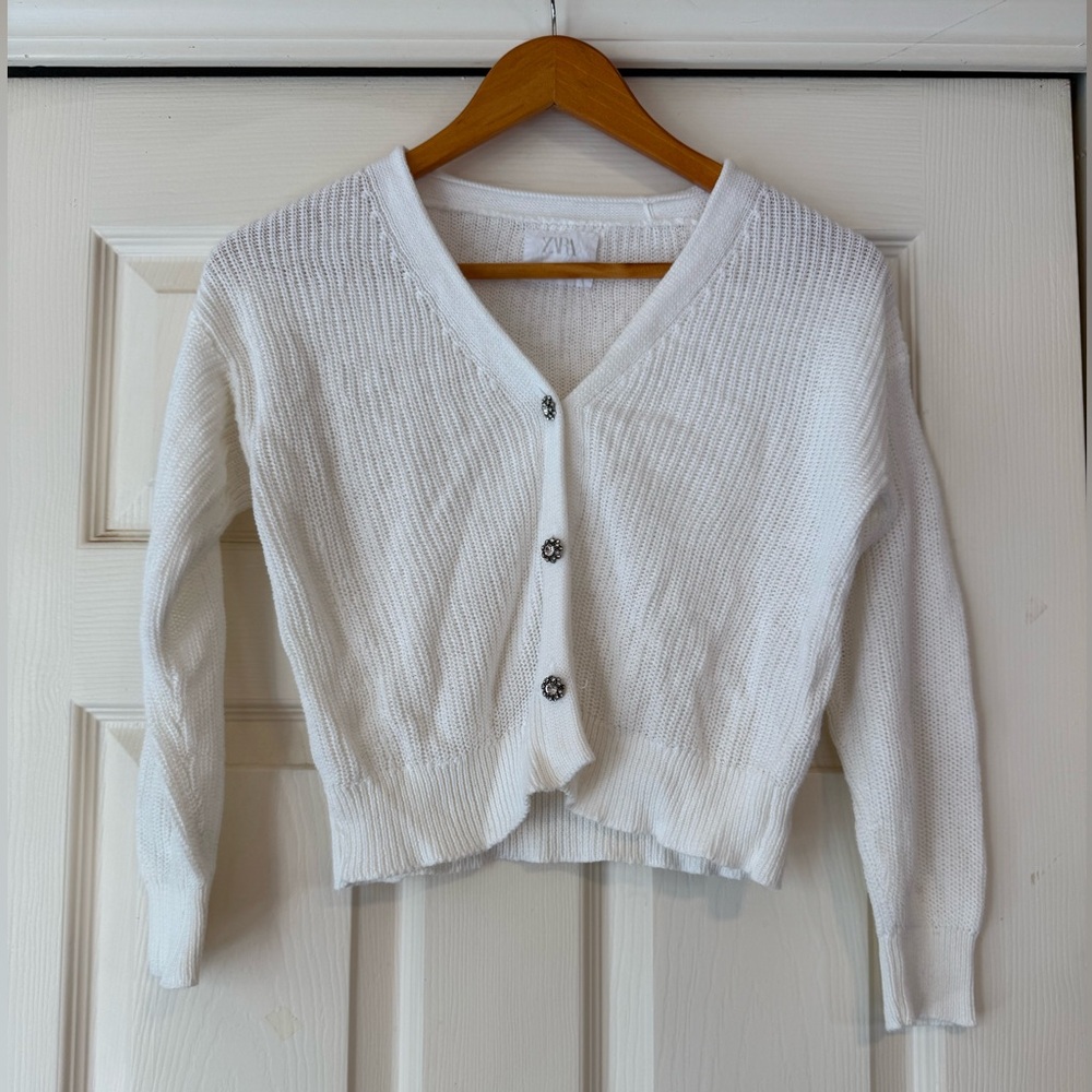 ZARA Kids White Knit Cardigan with Gem Buttons (Size 9-10)